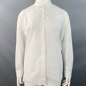 LAFAYETTE 148 Size L White Blue Cotton Pinstripe Sheer Spread Collar Shirt